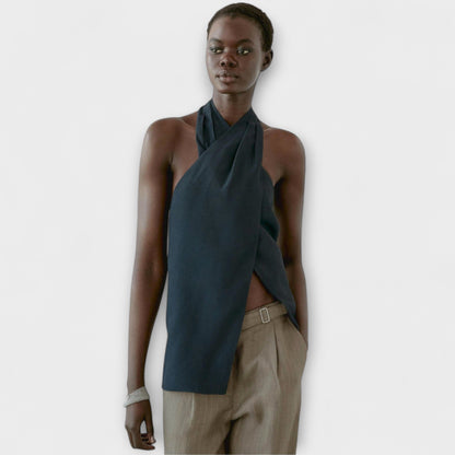 Hannah - Blue Halter Neck Top with Back Cutout