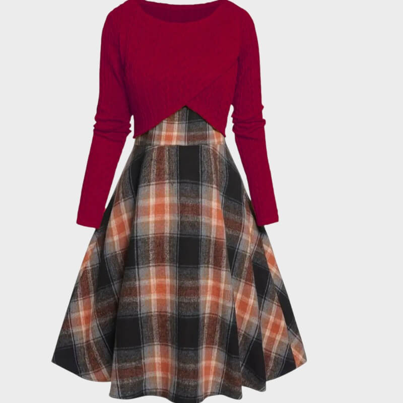 Clara – Vintage Plaid Dress with Crop Top Set