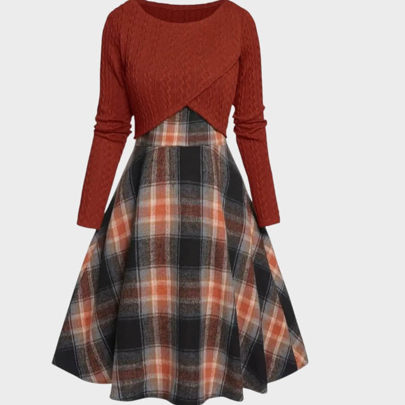 Clara – Vintage Plaid Dress with Crop Top Set
