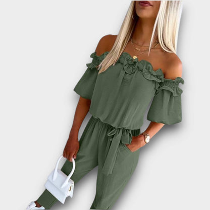 Aria – Off-Shoulder Frill Tie-Waist Jumpsuit